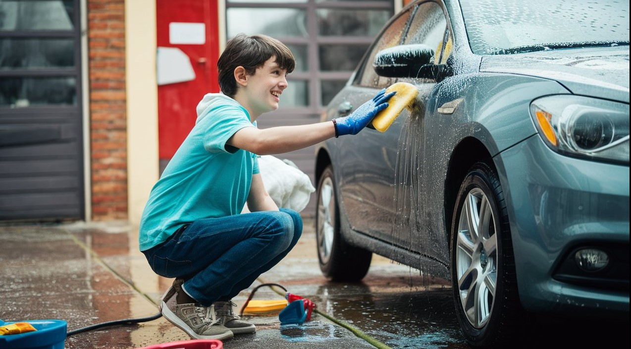 11 years old kid washing a car to earn money