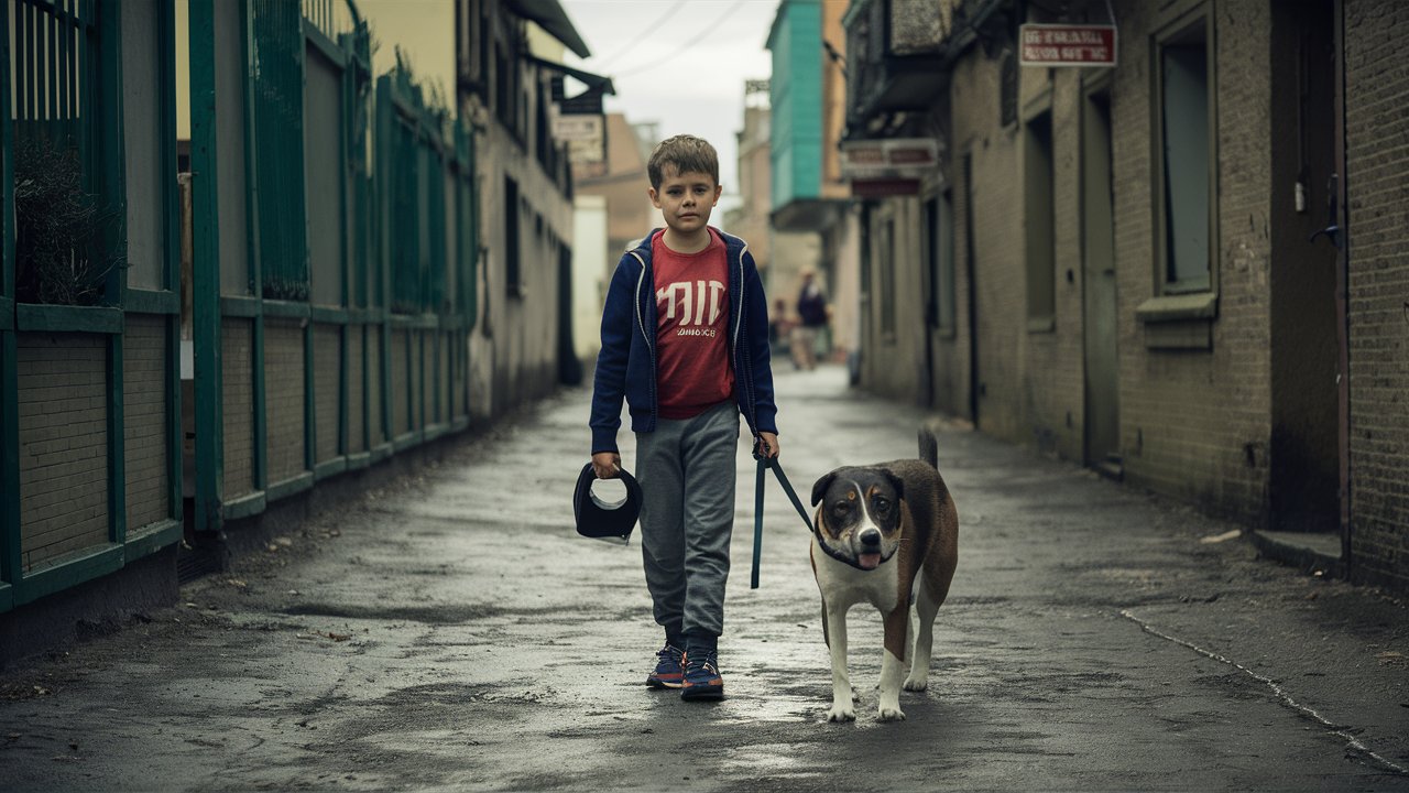 12 years old boy walking with his dog