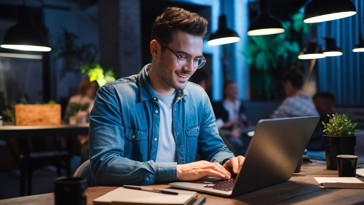 a men sitting in fron of his laptop