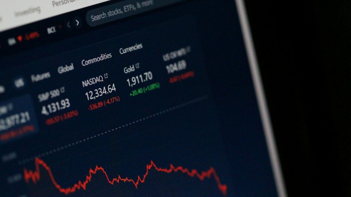 A close-up of a screen showing stock market changes. 