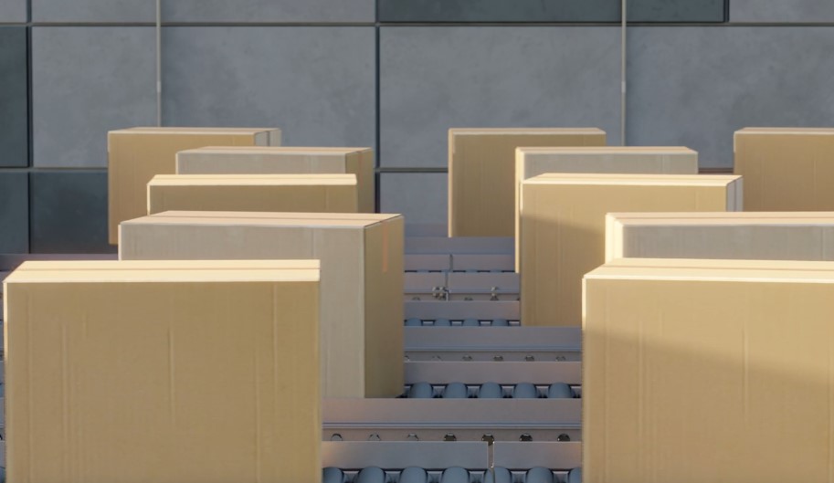 Cardboard boxes line a conveyor system, awaiting their next destination